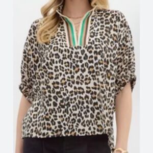 entro Leopard Print Split-Neck Blouse with Green Stripe Trim